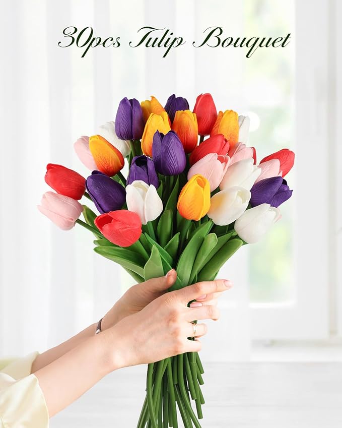 MACTING 30PCS Artificial Tulip Flowers 13.7" Fake Flowers Real Touch Faux PU Tulips Bouquet for Floral Arrangement Table Centerpieces Kitchen Home Kitchen Indoor Outdoor Summer Decor(Multi Colors-2)