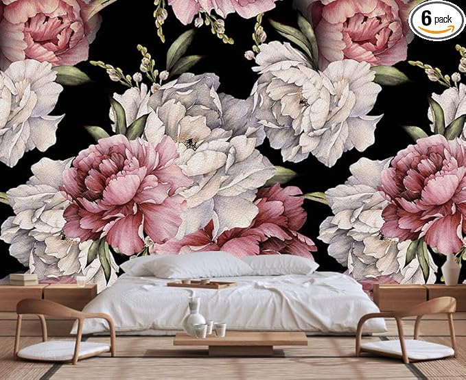 Dark Background Watercolor Peony Seamless Floral Wallpaper, Large Art Background Wall Mural for Decorated Bedroom and Living Room(Non-self-Adhesive)