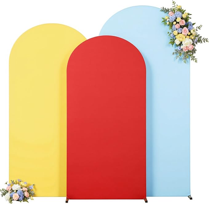 Rainbow Arch Backdrop Cover 7.2FT 6.6FT 6FT Stretchy Wedding Arch Covers Set of 3 Spandex Fitted Blue Yellow Red Fabric Backdrop Cover for Party Baby Shower Birthday Decoration
