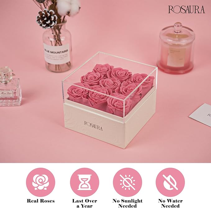 Rosaura Square Preserved Roses Gift Box - Real Forever Flowers in Clear Acrylic Lid, Christmas, Valentine's for Women (Pink, 9 Roses)