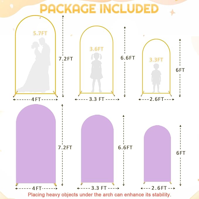 FUHSY Set of 3 Metal Backdrop Stand with Wedding Arch Cover 7.2FT, 6.6FT, 6FT Spandex Lavender Arch Backdrop Stand Cover Balloon Arch Frame Stand Backdrop for Birthday Party Bridal Baby Shower Decor