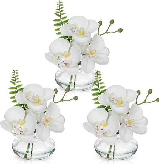 Oairse White Orchids Artificial Flowers Faux Orchids Arrangement in Clear Glass Vases Set of 3 Real Touch Phalaenopsis Orchid Flowers Small Fake Orchid Centerpiece for Dining Room Table
