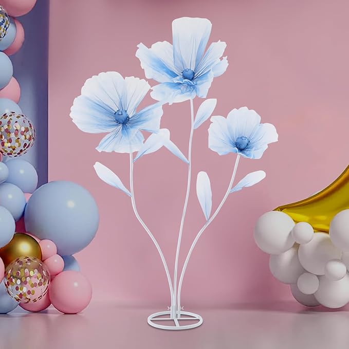 Giant Flowers for Decoration, Wedding Reception Essential, Large Artificial Silk Flower Set, 3-Head Giant Fake Flowers with Standing Stems and Base, 5.6ft Tall for Wedding & Home Decor (Blue)