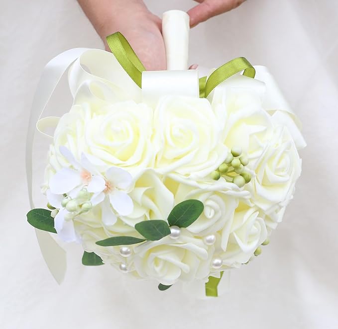 Lightweight Bridal Wedding Bouquet Round Holding Bouquet Throw Toss Artificial Rose Flower Bunch for Bride Bridesmaid Wedding Quinceanera (Cream, 6.7")