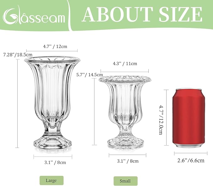 Glasseam Pedestal Glass Vase for Flowers, 7.5in Tall Compote Vase Set of 3, Crystal Clear Vases for Centerpieces, Ribbed Decorative Vases for Home Decor, Cute Footed Urn for Living Room Decorations