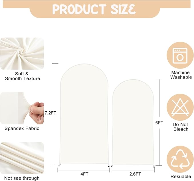 Beige Arch Backdrop Covers - 7.2FT, 6FT Spandex Fitted Wedding Arch Stand Covers Round Top Chiara Arch Backdrop Cover for Wedding Birthday Party Decoration