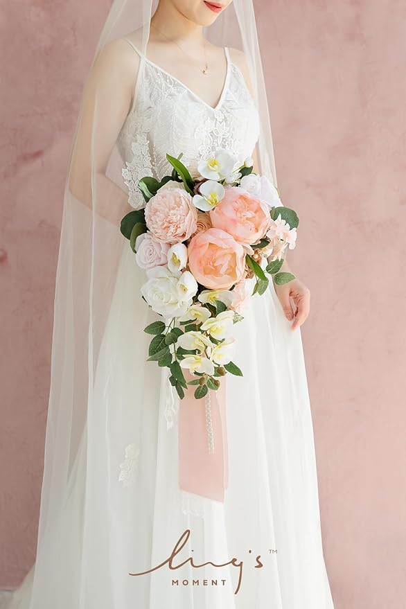 Ling's moment Blush Bridal Bouquet Cascading, Pink Wedding Bouquets for Bride, 13 Inch Bride Bouquets for Wedding Artificial Flowers Bouquets