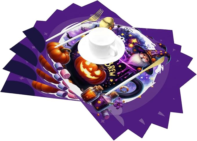 PVC Placemats Set of 1 Wipeable Table Mats Washable Heat Resistant Non Slip Vinyl Dining Table Mat for Kitchen Indoor Outdoor Patio Farmhouse Place Mats Purple Halloween Magic Cauldron Decorative