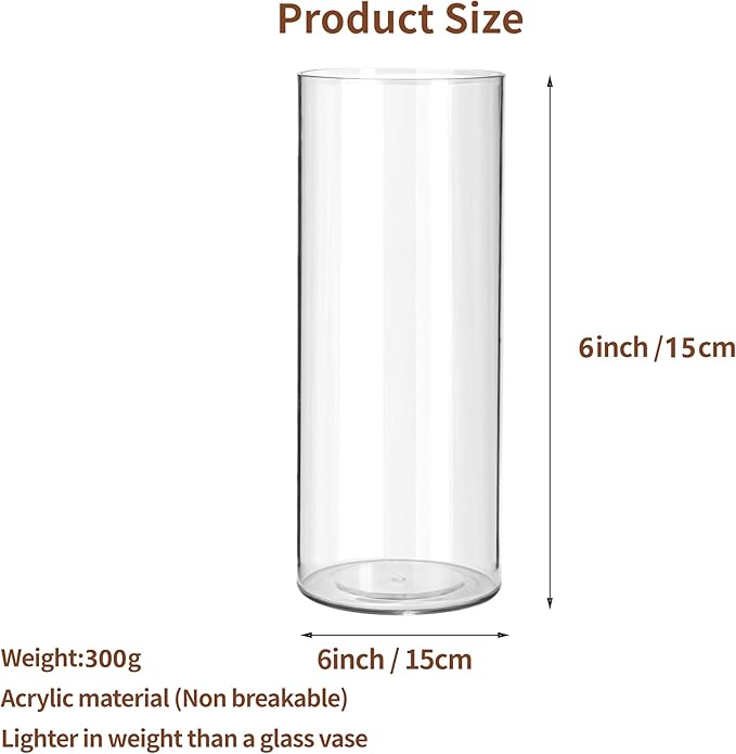 Clear Flower Vase, Non-breakable Vases, 6" W x 6" H, Acrylic Vase, Aesthetic Room Decor Cylindrical Modern Flower Vases for Table Centerpiece, Home Decor, Women Floral Arrangement Gift