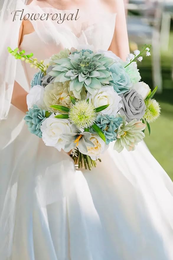 Floweroyal Artificial Flowers Combo Teal Blue Flowers Mix Silk Flowers Dahlia Roses with Stems for DIY Wedding Bridal Bouquets, Baby Shower, Floral Arrangement, Table Centerpieces, Home Decorations.