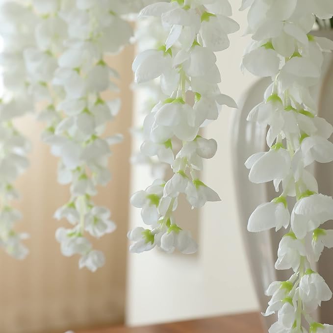 Dailisen 3 Strands 40'' Silk White Wisteria Artificial Flowers, Fake Wisteria Floral Hanging Plant Garland, for Home Decor, Party, Floor Vase, Balcony, Wedding Arrangement Decoration (White)