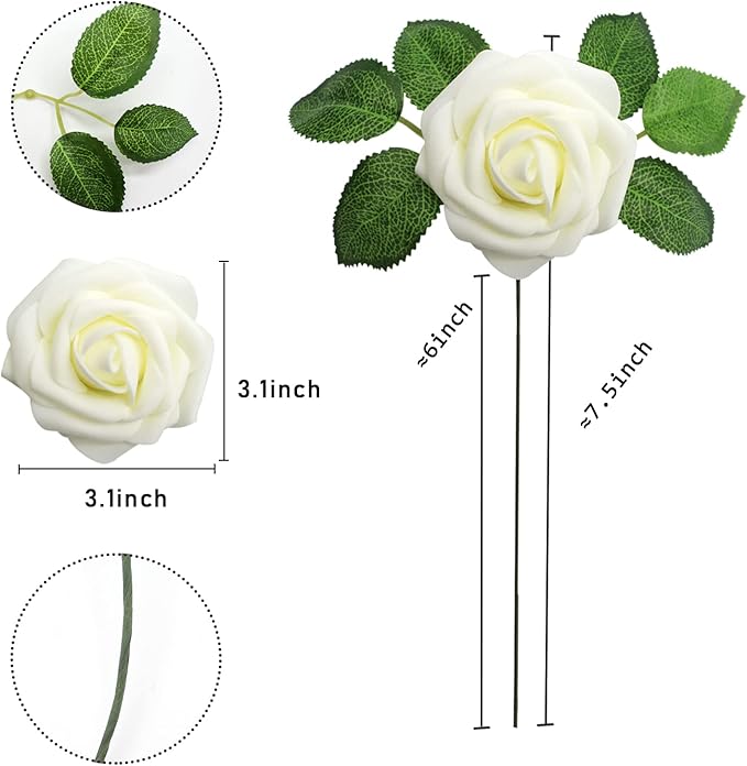 Artificial Roses Flowers 100pcs Milk White Real Looking Foam Fake Roses with Stems for DIY Wedding Bouquets Bridal Shower Centerpieces Party Decorations (100, Milk White)