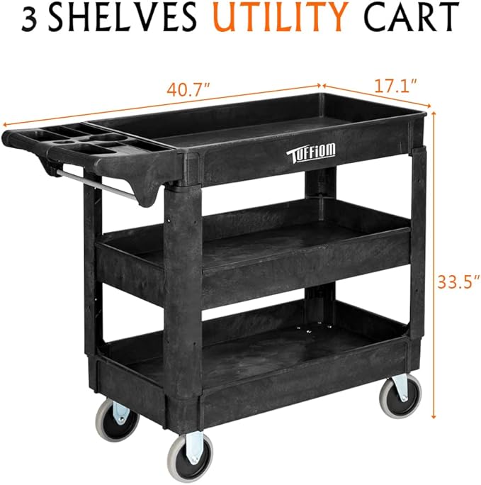 TUFFIOM Plastic Service Utility Cart, Support 550lbs Capacity Ergonomic Handle, Heavy Duty Tub Storage Cart W/Deep Shelves, Multipurpose Rolling 2-Tier Mobile Storage Organizer, for Warehouse Garage