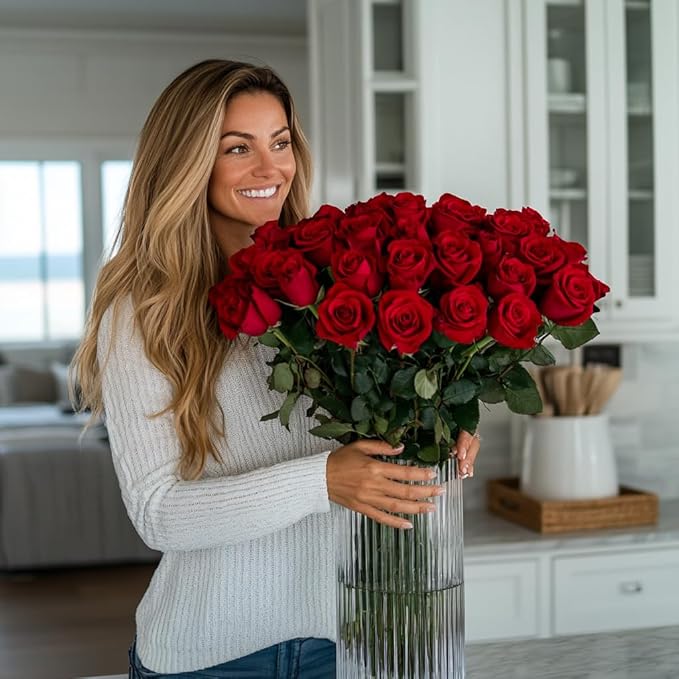 GlobalRose 100 Red Roses Bouquet - Responsibly Sourced Roses Fresh Flowers - Hand-Picked Flowers Fresh Bouquet for Mother's Day, Birthday & Special Occasions (4 Bunches of 25 Stems)