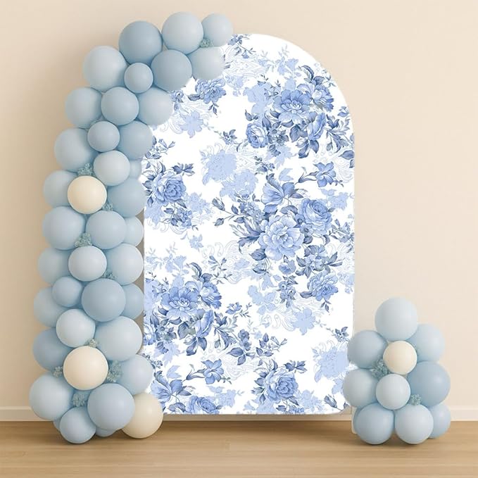Arch Backdrop Cover Baby in Bloom Baby Shower Arch Stand Spandex Fabric Cover Blue Flowers Floral Pink Bows Girls Birthday Party Baptism Decorations (2.6X6ft,G-3854)