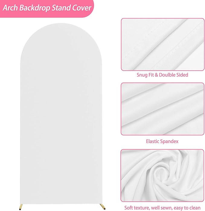 Putros 6ft Metal Arch Stand with Cover White Spandex Fitted Wedding Arch Cover and Round Top Chiara Backdrop Set for Birthday Party Baby Shower Decoration