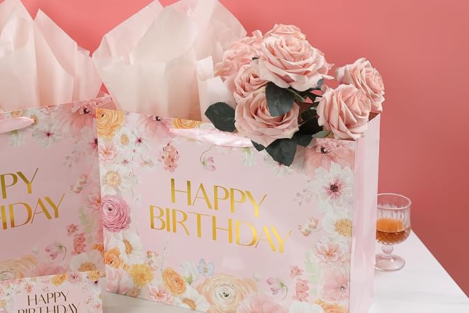 16.5” Extra Large Floral Gift Bag, Floral Design Happy Birthday Bag with Handles, Greeting Card, Tissue Papers for Women Girls Wildflower Birthday Party Baby Shower Supplies Decorations.(16.5in)