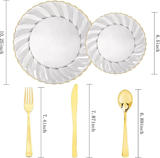 YOUBET 125PCS Clear Black Plastic Plates - Black and Gold Disposable Plates Include 50 Plate, 75 Gold Silverware for Wedding & Party & Birthday New Year
