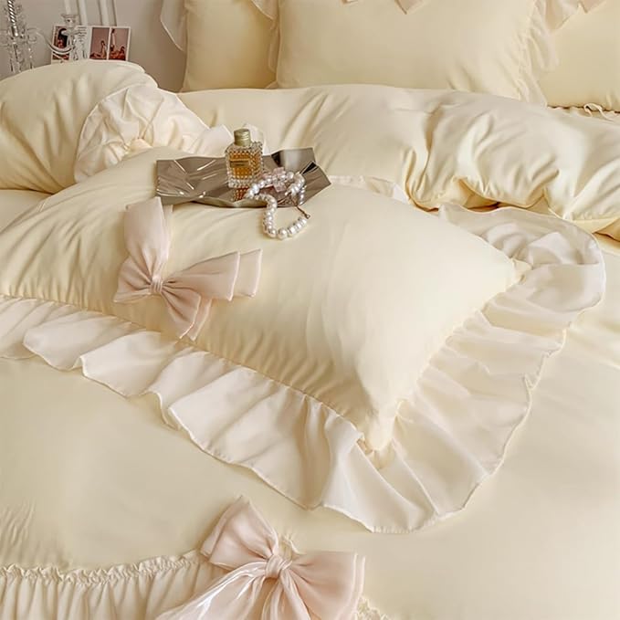 Lace Ruffled Bedding Bow Duvet Cover Set with Butterfly Tie, Soft Brushed Microfiber Shabby Chic Bedding Set with Zipper Closure-Yellow,Queen Size