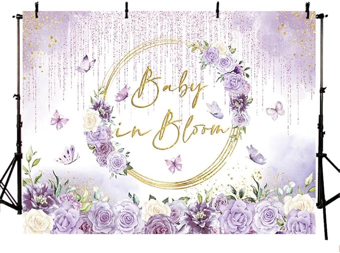 MEHOFOND Baby in Bloom Baby Shower Backdrop Purple Floral Butterfly Baby Shower Party Decorations Baby Girl's Watercolor Floral Glitter Drops Decorations Supplies Banner Photo Booth Studio Props