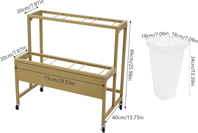 2-Layers Flower Display Stand Metal Flower Display Stand With 6 Pcs Buckets Rolling Plant Stand Flower Cart Moving Florist Bouquet Shelf for Fresh Flower Shop Balcony,Load Capacity 33.07lbs (Gold)