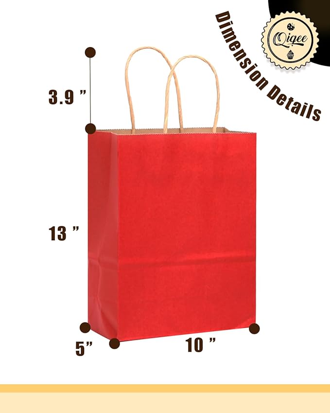 qiqee Large Kraft Paper Bags with Handles 13"x10"x5" 32 pcs Gift Paper Bag Wine Red Solid Color Bags（Large Size）
