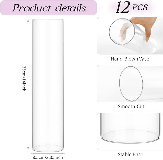 12 Pack Glass Cylinder Vases 14 Inch Tall Clear Flower Vase for Centerpieces, Hurricane Floating Candle Holder Wedding Decorations, Floral Vase Bulk for Table Shelf Party Home Deco (14 x 3.35 Inch)