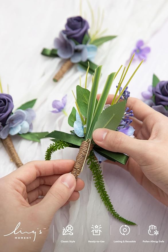 Ling's moment Boutonniere for Men, 6pcs Groom Groomsmen Boutonniere, Artificial Flowers for Wedding Decor/Prom/Homecoming, etc.Purple