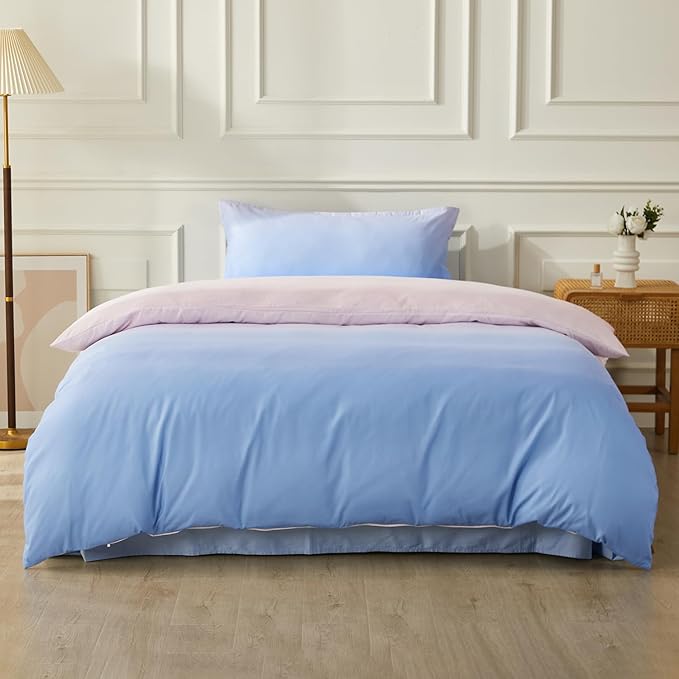 SAPHREAS Twin Size Duvet Cover Blue Pink Gradient Bedding Set with 8 Corner Ties and 1 Pillow Sham Microfiber Reversible Duvet Cover Set with Zipper Closure
