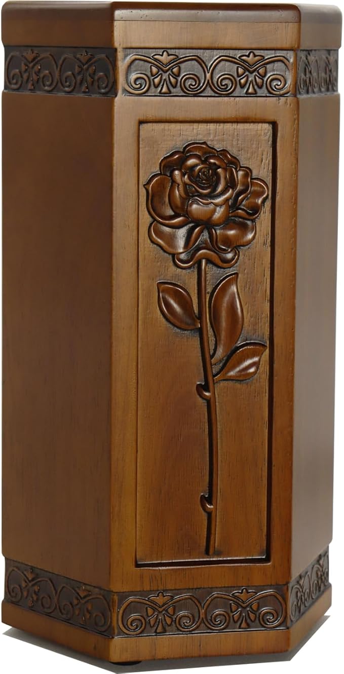 Urns for Wooden, Cremation Urn for Human Ashes Adult - Hand Engraving Rose Flower - Funeral Urn for Mother/Dad - Display Burial at Home or in Niche at Columbarium (Large Wood Decorative Urn