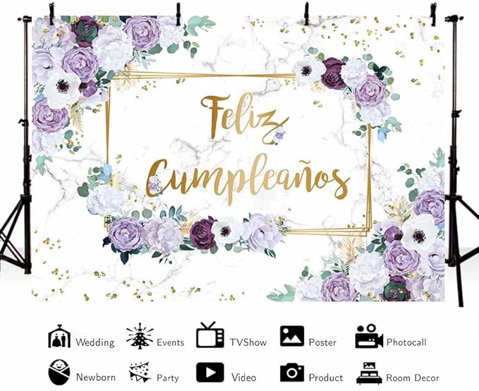 MEHOFOND 7x5ft Feliz cumpleaños Backdrop Purple and White Flower Birthday Photography Background Girls Geometric Gold Glitter Dots Birthday Floral Party Decorations Cake Smash Decor Studio Photo Props