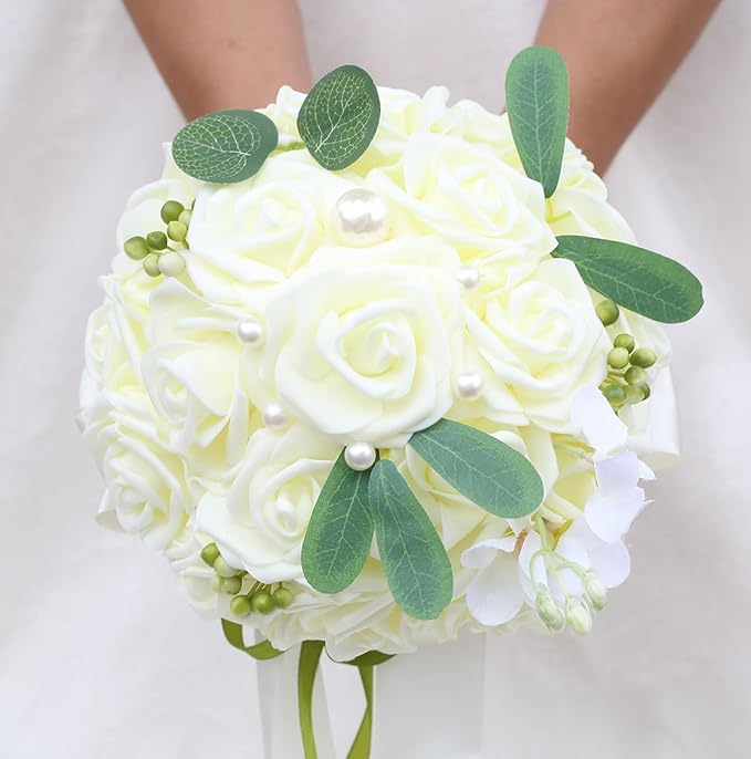 Lightweight Bridal Wedding Bouquet Round Holding Bouquet Throw Toss Artificial Rose Flower Bunch for Bride Bridesmaid Wedding Quinceanera (Cream, 6.7")