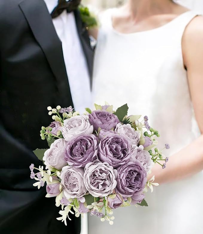 Mkono Peonies Artificial Flowers, Small Silk Flowers for Home Decor Indoor Fake Bouquet Faux Floral Arrangements Dining Table Centerpieces for Kitchen Bridal Wedding Party Decor Purple
