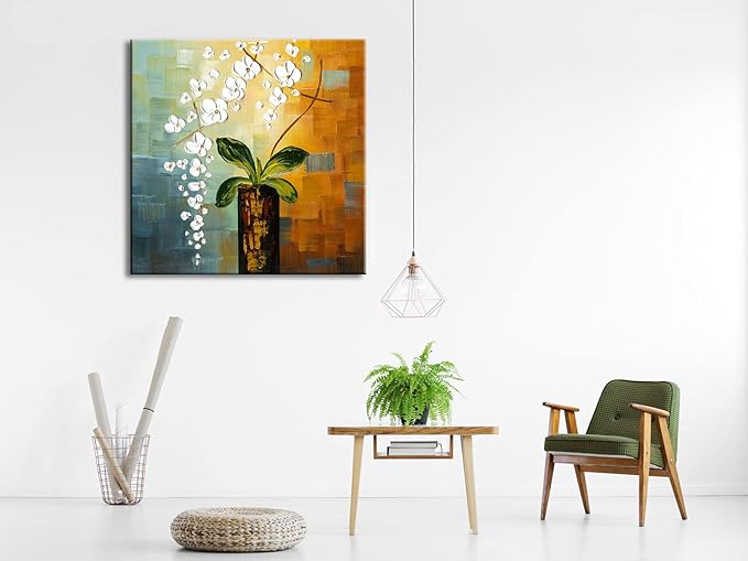 Wieco Art Beauty of Life Floral Oil Paintings on Canvas Wall Art Large Modern 100% Hand Painted Abstract White Flowers Stretched and Framed Artwork for Living Room Bedroom Home Decorations 32x32