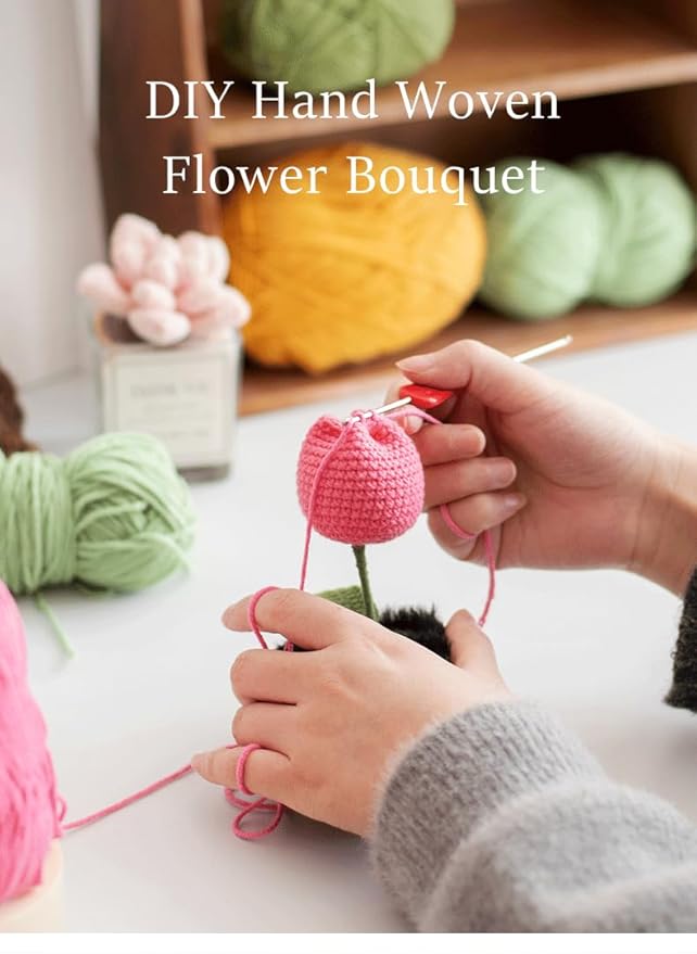 Crochet Flowers Bouquet Handmade Knitted Crochet Flower Bouquet with Rose Artificial Crochet Flower for Mothers Day, Teacher, Valentines, Birthday Home Table Desk Decoration