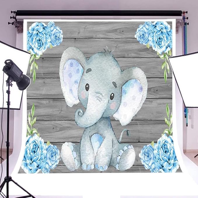 AOFOTO 8x8ft Elephant Rustic Grey Wooden Backdrop for Boy Baby Shower Watercolor Blue Floral Cartoon Animal Gender Reveal Photography Background It's a Boy Newborn Kids Birthday Party Decoration