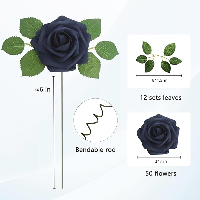 JOYLEX 50Pcs Navy Blue Artificial Flowers Realistic Roses, Real Looking Fake Roses with Stem for DIY Wedding Bouquets Centerpieces Bridal Shower Party Home Romantic Decorations (Navy Blue, 50pcs)
