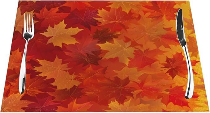 PVC Placemats Set of 1 Wipeable Table Mats Washable Heat Resistant Non Slip Vinyl Dining Table Mat for Kitchen Indoor Outdoor Patio Farmhouse Place Mats Orange Thanksgiving Maple Decorative