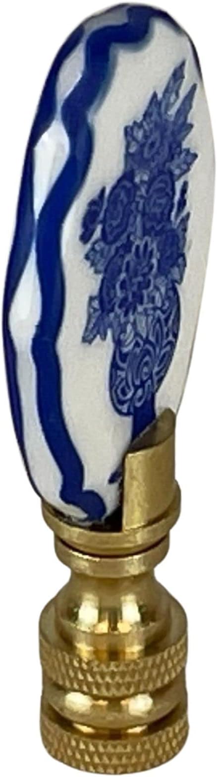 Royal Designs, Inc. Porcelain Oval Flowers Vase Design Finial for Lamp Shade, Polished Brass, Blue & White, Pack of 2