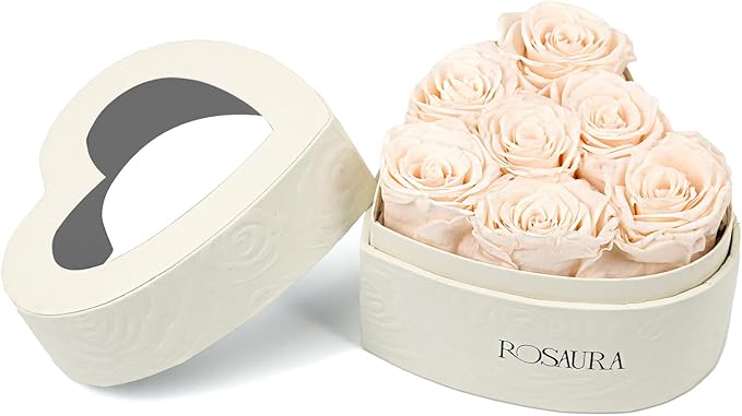 Rosaura Heart-Shaped Preserved Roses Gift Box - Real Forever Flowers for Birthday, Valentine's & Mother's Day (Champagne, 7 roses)