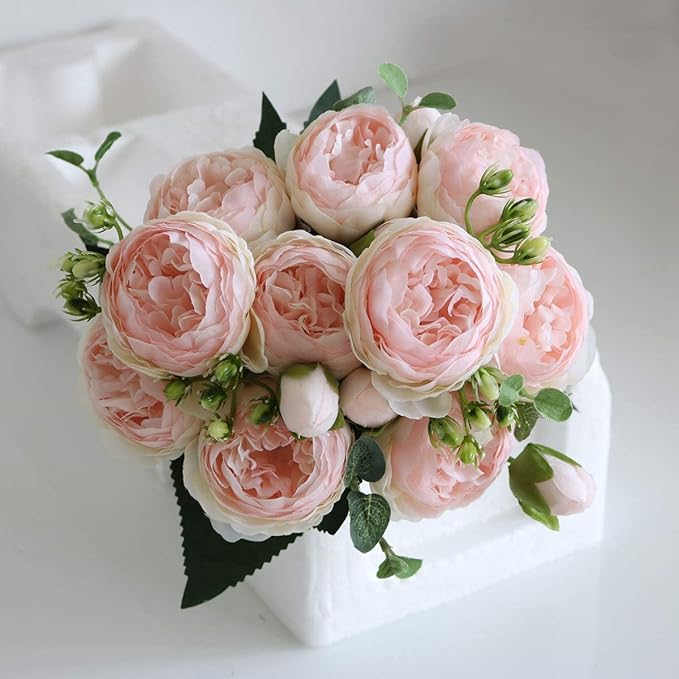 DEEMEI Artificial Peonies Flower Silk Peony Bouquet 4 Bundles Faux Persian Rose with Eucalyptus Leaves for Home Wedding Party Decoration (Light Pink)
