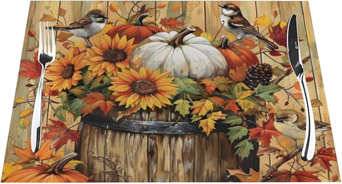 PVC Placemats Set of 4 Wipeable Table Mats Washable Heat Resistant Non Slip Vinyl Dining Table Mat for Kitchen Indoor Outdoor Patio Farmhouse Place Mats Retro Wooden Fall Bird Decorative
