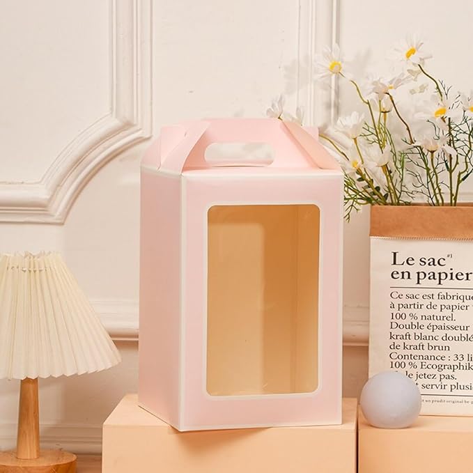 Enorteen 12 Pcs Clear Gift Bags with Transparent Window Gift Boxes Candy Boxes Tote Paper Bags Flower Boxes Bouquet Bags for Bridal Shower Present Festivals Party (Pink)