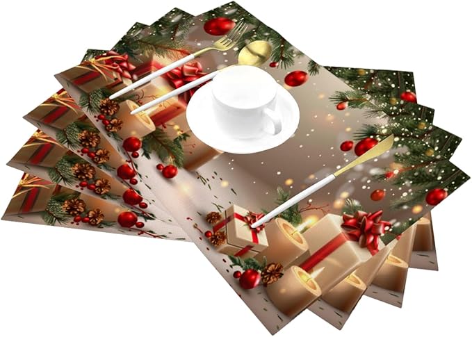 PVC Placemats Set of 6 Wipeable Table Mats Washable Heat Resistant Non Slip Vinyl Dining Table Mat for Kitchen Indoor Outdoor Patio Farmhouse Place Mats Christmas Candle Gift Decorative