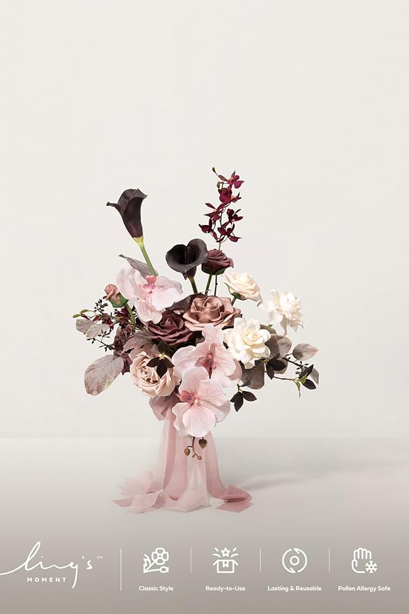 Ling's moment Dusty Rose Wedding Bouquets for Bride, Pink Bridal Bouquets for Bride, 13 Inch Free Form Artificial Wedding Flower Bouquet