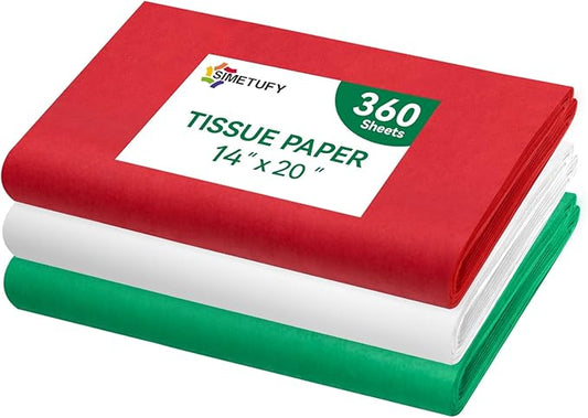 Simetufy Christmas Tissue Paper for Gift Bags, 360 Sheets 14 x 20 Inches Christmas Tissue Paper Sheets Bulk, Red Green and White for Gift Wrapping, Crafts, Birthday, Holiday Decor and DIY