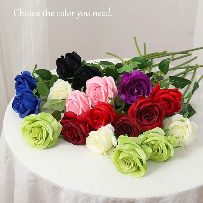 Laelfe 12 PCS Artificial Flowers Pink Roses Fake Silk Flowers Long Stem Artificial Roses for Home Wedding Decorations (Pink)