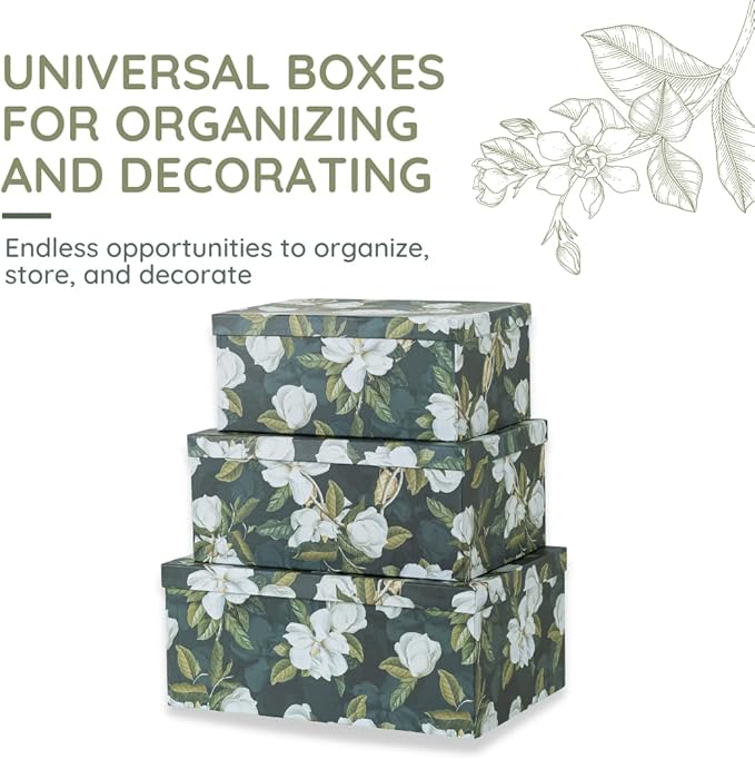 Soul & Lane Decorative Storage Cardboard Boxes with Lids | Midnight Gardenia - Set of 3 | Black Dramatic Paperboard Nesting Boxes