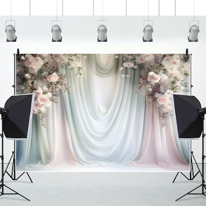 Leowefowa Floral Backdrop for Wedding Decor Pink Rose Flower White Curtain Wall Photography Background for Baby Shower Wedding Anniversary Ceremony Party Decorations Banner Studio Props 7x5ft Vinyl