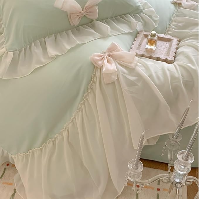 Girls Lace Bedding, Queen Comforter Cover Set, Chic Ruffled Duvet Cover with Lovely Bow,Princess Style 1 Duvet Cover with 2 Pillowcases, No Comforter-Green,Queen Size